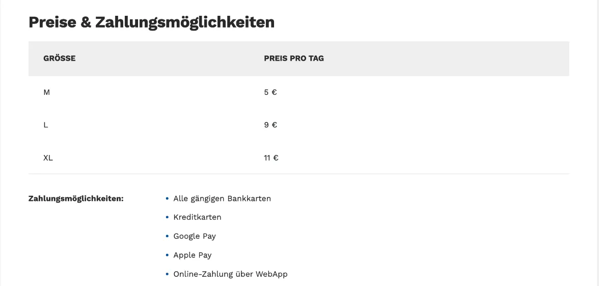 Preisliste der Schließfächer am Flughafen Leipzig/Halle: M 5 €, L 9 €, XL 11 € pro Tag, Zahlung mit Bankkarte, Kreditkarte, Google Pay, Apple Pay