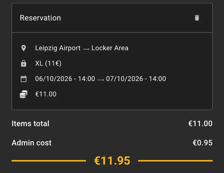 Mobile-Locker-Warenkorb am Flughafen Leipzig: XL-Fach vom 6. Oktober 14 Uhr bis 7. Oktober 14 Uhr 11 € plus 0,95 € Admin cost, gesamt 11,95 €