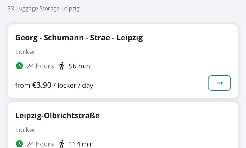 Radical-Storage-Suche am Flughafen Leipzig/Halle: nächster Treffer ein Schließfach in der Georg-Schumann-Straße, 96 Minuten zu Fuß