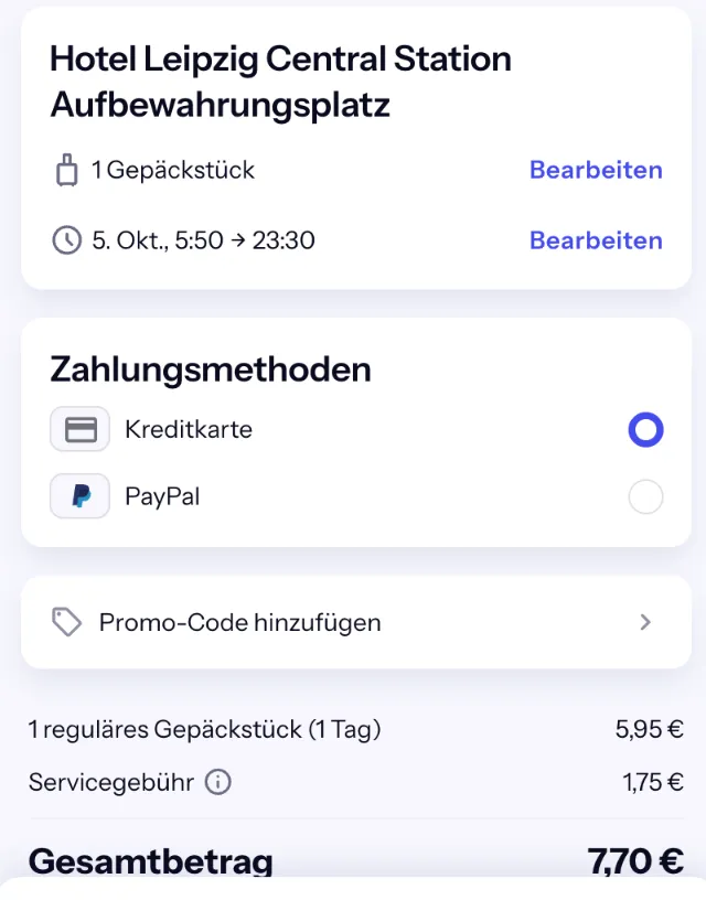 Bounce-Checkout für das Hotel Leipzig Central Station: 5,95 € für einen Koffer plus 1,75 € Servicegebühr, gesamt 7,70 €