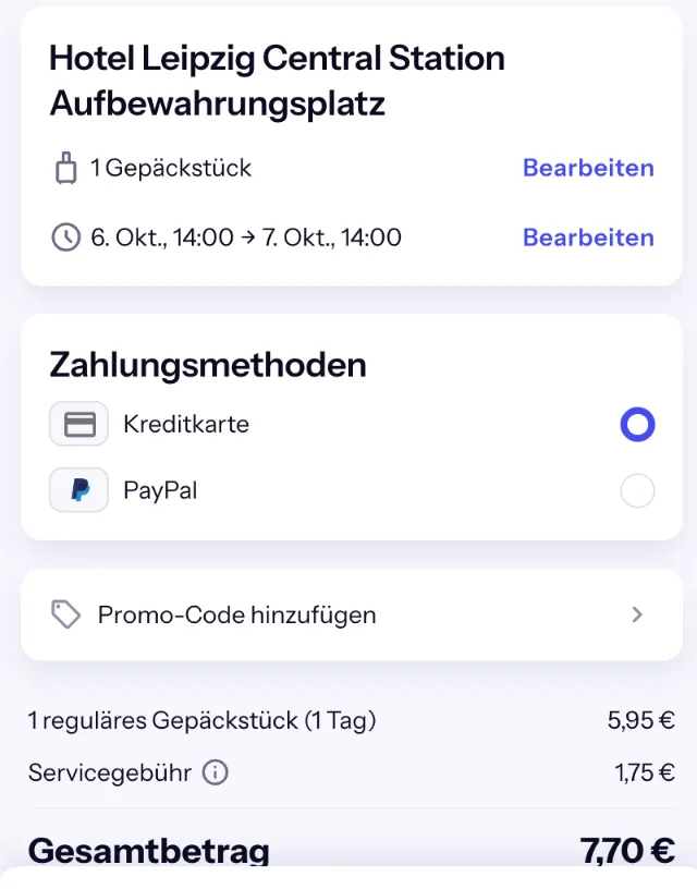Bounce-Checkout vom 6. Oktober 14 Uhr bis 7. Oktober 14 Uhr: 1 Tag, 5,95 € plus 1,75 €, gesamt 7,70 €