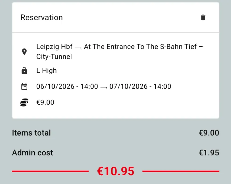 Mobile-Locker-Warenkorb am Leipziger Hbf: Fach L vom 6. Oktober 14 Uhr bis 7. Oktober 14 Uhr 9 € plus 1,95 € Admin cost, gesamt 10,95 €