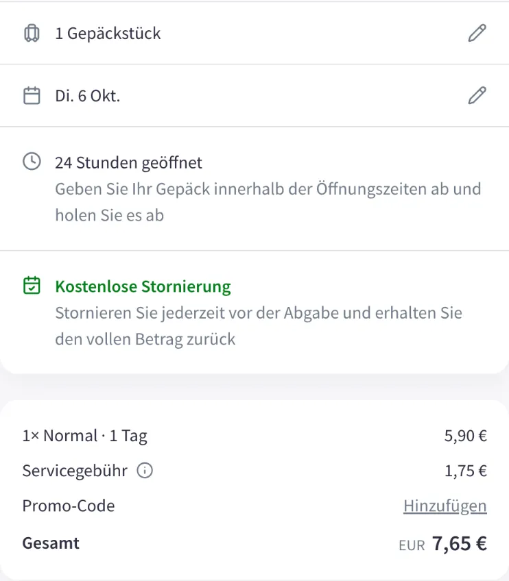 Nannybag-Checkout für das Hotel Leipzig Central Station: 5,90 € plus 1,75 € Servicegebühr, gesamt 7,65 €