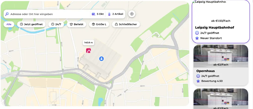 Qeepl-Karte am Leipziger Hauptbahnhof: nur Schließfächer, keine bemannte Aufbewahrung in der Nähe