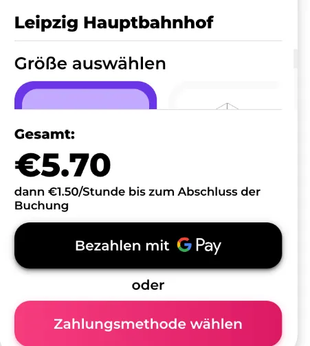 Qeepl-Buchung am Leipziger Hbf: 5,70 € sofort, dann 1,50 € pro Stunde bis zum Abschluss der Buchung