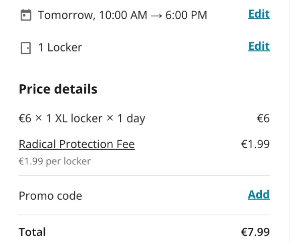 Radical-Storage-Checkout am Leipziger Hbf: XL-Fach 6 € plus 1,99 € Radical Protection Fee, gesamt 7,99 €