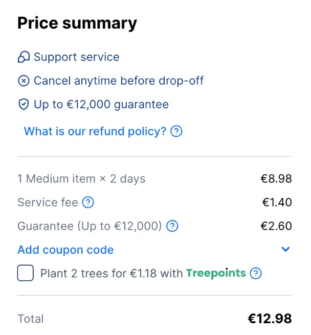 Stasher-Checkout vom 6. Oktober 14 Uhr bis 7. Oktober 14 Uhr: 2 Tage für 8,98 €, Servicegebühr 1,40 €, Garantie 2,60 €, gesamt 12,98 €
