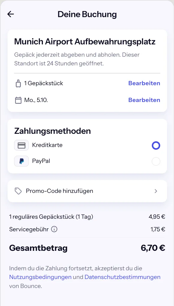 Bounce-Checkout Munich Airport, 24 Stunden geöffnet: 4,95 € plus 1,75 € Servicegebühr, gesamt 6,70 €