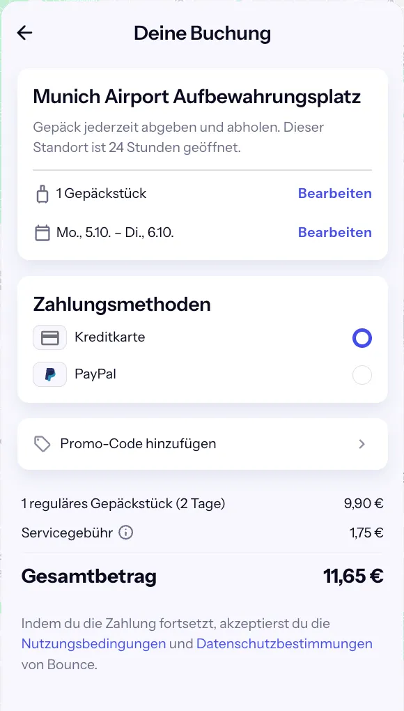Bounce-Checkout Nordallee über Nacht: 2 Tage 9,90 € plus 1,75 €, gesamt 11,65 €