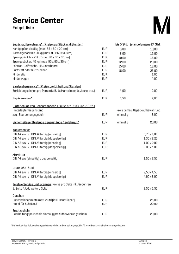 Entgeltliste Service Center Flughafen München ab 1. Januar 2026: Normalgepäck 8 € bis 5 Stunden, 12 € je angefangene 24 Stunden