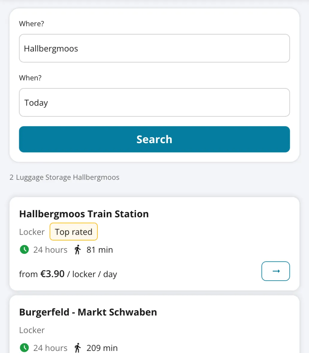 Radical-Storage-Suche am Flughafen München: Ergebnisseite Hallbergmoos, nächster Automat 81 Minuten zu Fuß