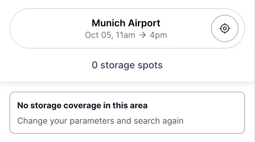 Stasher-Suche am Flughafen München: 0 storage spots, No storage coverage in this area