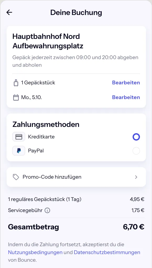 Bounce-Checkout am Münchner Hauptbahnhof: 4,95 € für einen Koffer plus 1,75 € Servicegebühr, gesamt 6,70 €