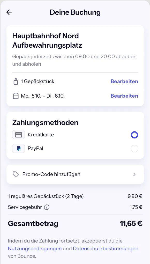 Bounce-Checkout über Nacht von Montag bis Dienstag: 2 Tage für 9,90 € plus 1,75 €, gesamt 11,65 €
