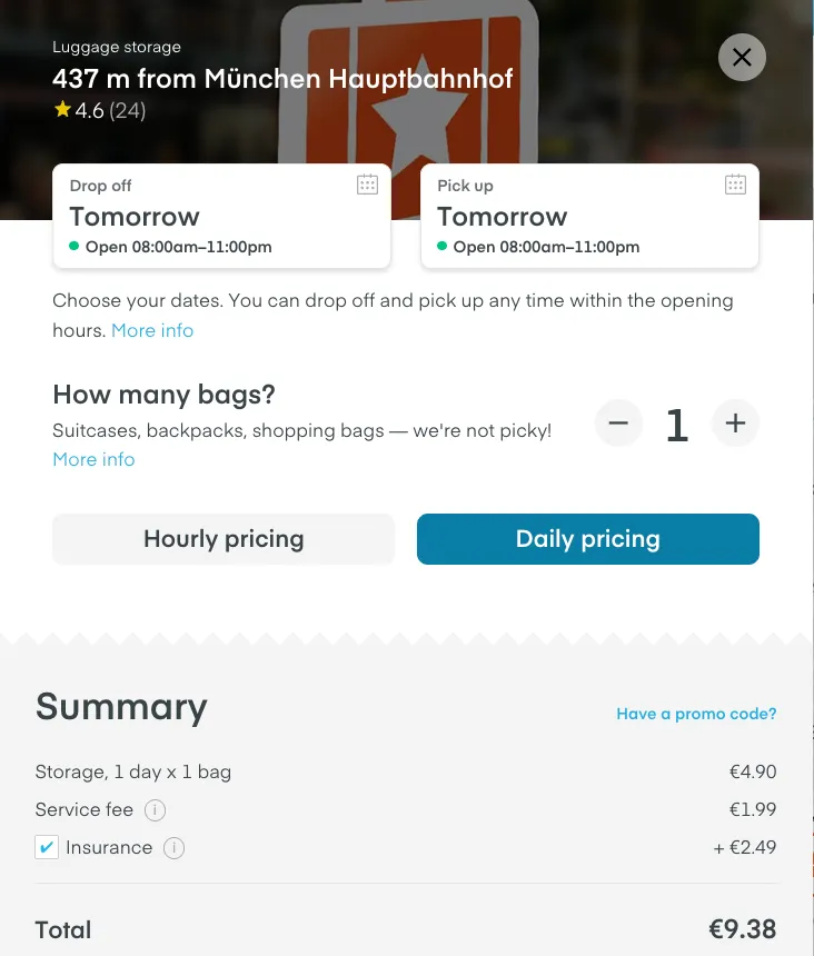 LuggageHero-Checkout am Münchner Hbf: 1 Tag 4,90 €, Servicegebühr 1,99 €, vorausgewählte Versicherung 2,49 €, gesamt 9,38 €