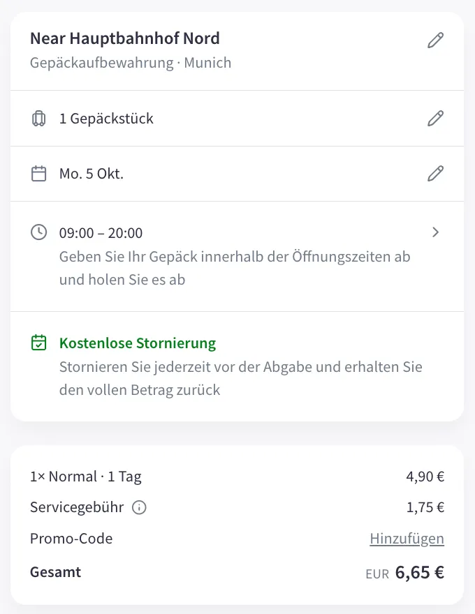 Nannybag-Checkout für den Laden am Münchner Hauptbahnhof Nord: 4,90 € plus 1,75 € Servicegebühr, gesamt 6,65 €