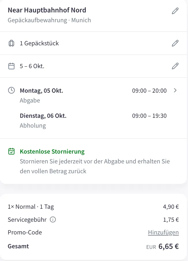 Nannybag-Checkout von Montag 14 Uhr bis Dienstag 14 Uhr: 1 Tag für 4,90 € plus 1,75 €, gesamt 6,65 €