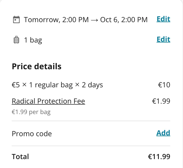 Radical-Storage-Checkout: 14 Uhr bis 14 Uhr am Folgetag als 2 Tage berechnet, gesamt 11,99 €