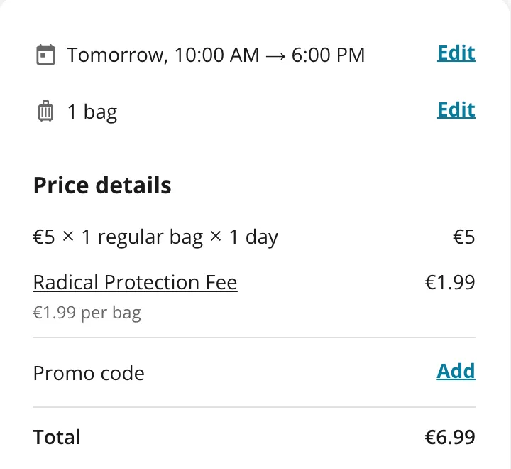 Radical-Storage-Checkout in München: 5 € für einen Koffer plus 1,99 € Radical Protection Fee, gesamt 6,99 €