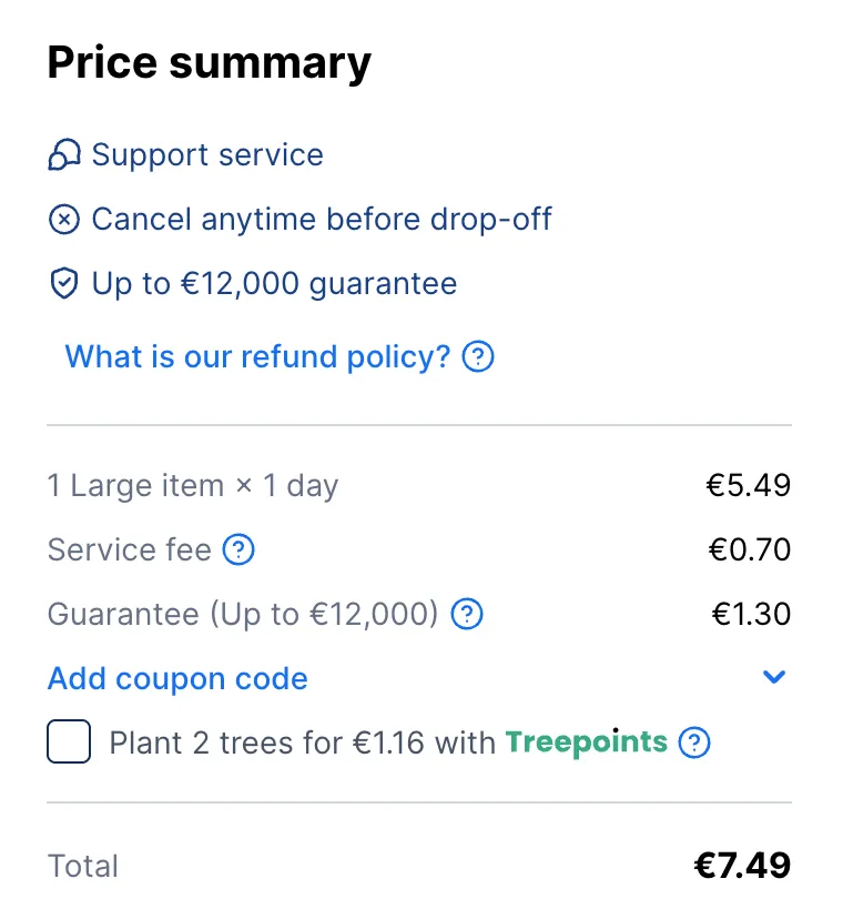 Stasher-Checkout am Münchner Hbf: Koffer 5,49 €, Service fee 0,70 €, Guarantee 1,30 €, gesamt 7,49 €