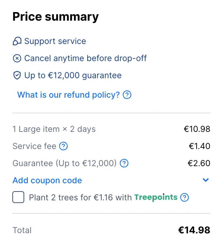 Stasher-Checkout über Nacht: 2 Tage 10,98 €, Service fee 1,40 €, Guarantee 2,60 €, gesamt 14,98 €