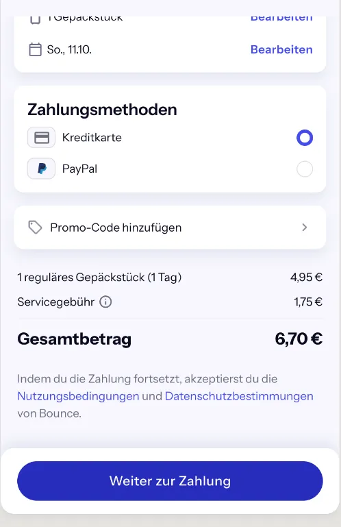 Bounce-Checkout für Goetheplatz Station am Sonntag, 11. Oktober: 1 reguläres Gepäckstück 4,95 € plus 1,75 € Servicegebühr, gesamt 6,70 €