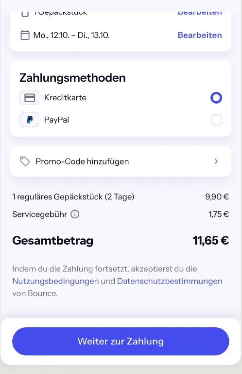 Bounce-Checkout von Montag 12. bis Dienstag 13. Oktober für Goetheplatz Station: 2 Tage 9,90 € plus 1,75 €, gesamt 11,65 €