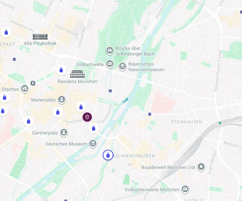 Bounce-Seite Gepäckaufbewahrung Oktoberfest: Pin in der Münchner Altstadt, gelistete Läden 1,9 und 2,35 km entfernt