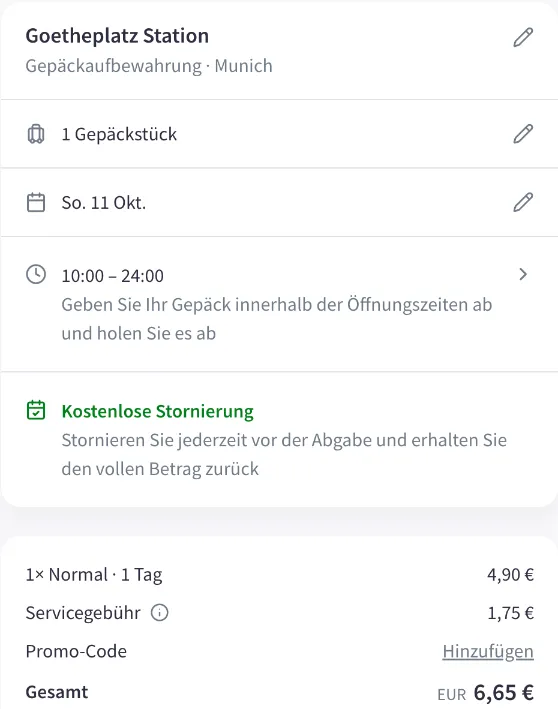 Nannybag-Checkout für Goetheplatz Station am Sonntag, 11. Oktober: 1 Tag 4,90 € plus 1,75 € Servicegebühr, gesamt 6,65 €