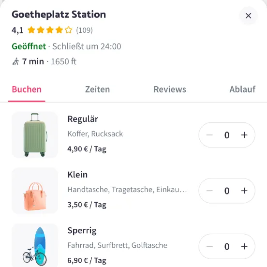 Nannybag-Standort Goetheplatz Station: Bewertung 4,1 aus 109, geöffnet bis 24 Uhr, 7 Minuten von der Theresienwiese, Regulär 4,90 € pro Tag