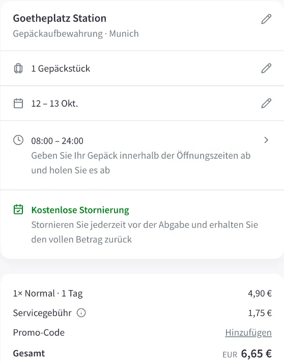 Nannybag-Checkout vom 12. bis 13. Oktober für Goetheplatz Station: 1 Tag 4,90 € plus 1,75 €, gesamt 6,65 €