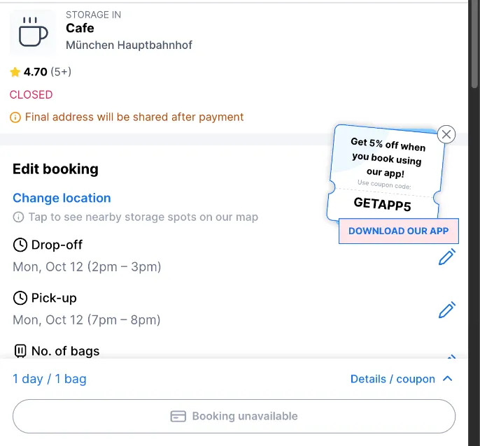 Stasher-Standort Café an der Theresienwiese, eine Minute entfernt, mit Hinweis Booking unavailable