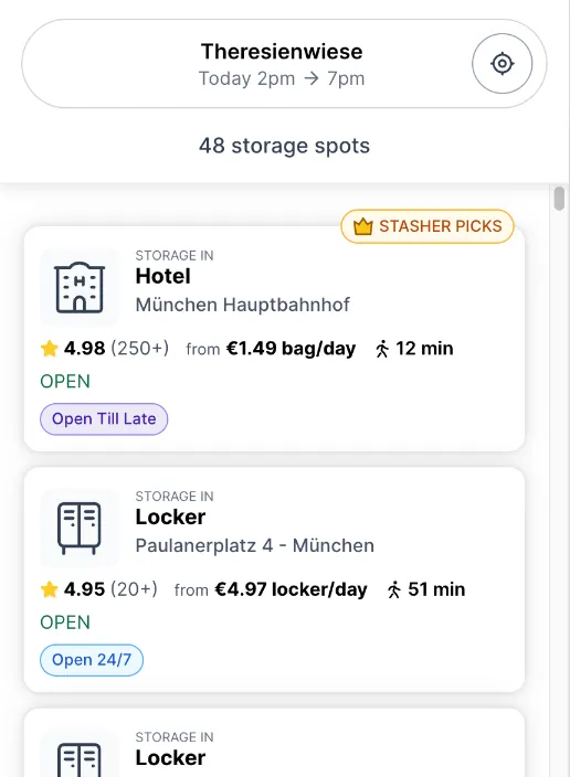 Stasher-Ergebnisliste Theresienwiese: nächster buchbarer Standort ein Hotel am Hauptbahnhof, 12 Minuten zu Fuß