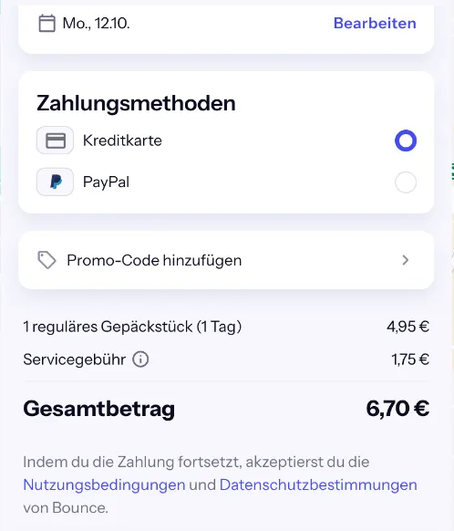 Bounce-Checkout für Mühlhausen Heart am Montag, 12. Oktober: 1 reguläres Gepäckstück 4,95 € plus 1,75 € Servicegebühr, gesamt 6,70 €