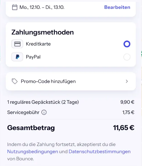 Bounce-Checkout von Montag 12. bis Dienstag 13. Oktober: 2 Tage 9,90 € plus 1,75 €, gesamt 11,65 €