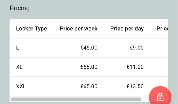 Preisliste in der Mobile-Locker-App für München Ost: L 9 € pro Tag, XL 11 €, XXL 13,50 €, dazu Wochenpreise 45 €, 55 € und 65 €