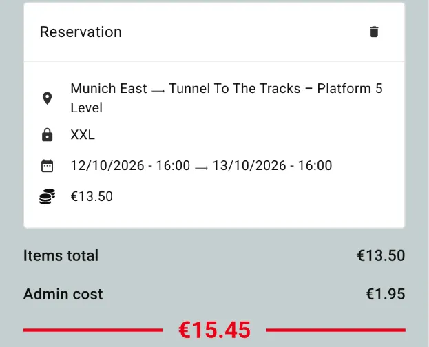 Mobile-Locker-Warenkorb: XXL-Fach München Ost vom 12.10. 16 Uhr bis 13.10. 16 Uhr, 13,50 € plus 1,95 € Admin cost, gesamt 15,45 €