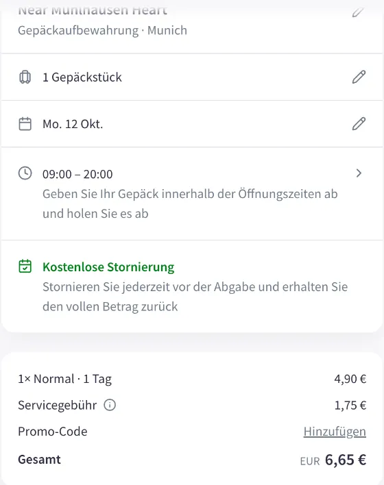 Nannybag-Checkout für den Laden Near Mühlhausen Heart am Montag, 12. Oktober: 1 Tag 4,90 € plus 1,75 € Servicegebühr, gesamt 6,65 €