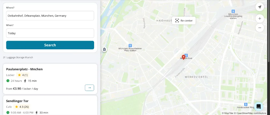 Radical-Storage-Suche am Ostbahnhof Orleansplatz: nächster Treffer ein Schließfach am Paulanerplatz, 15 Minuten zu Fuß