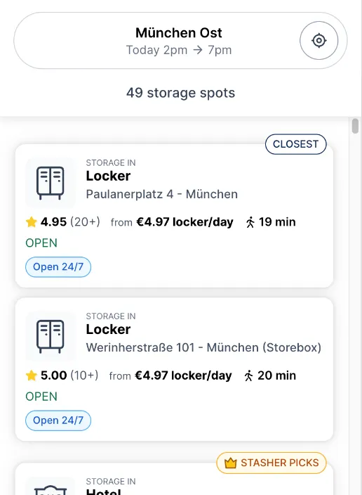 Stasher-Suche München Ost: 49 Treffer, der nächste ein Schließfach am Paulanerplatz 4, 19 Minuten, danach Storebox Werinherstraße, 20 Minuten