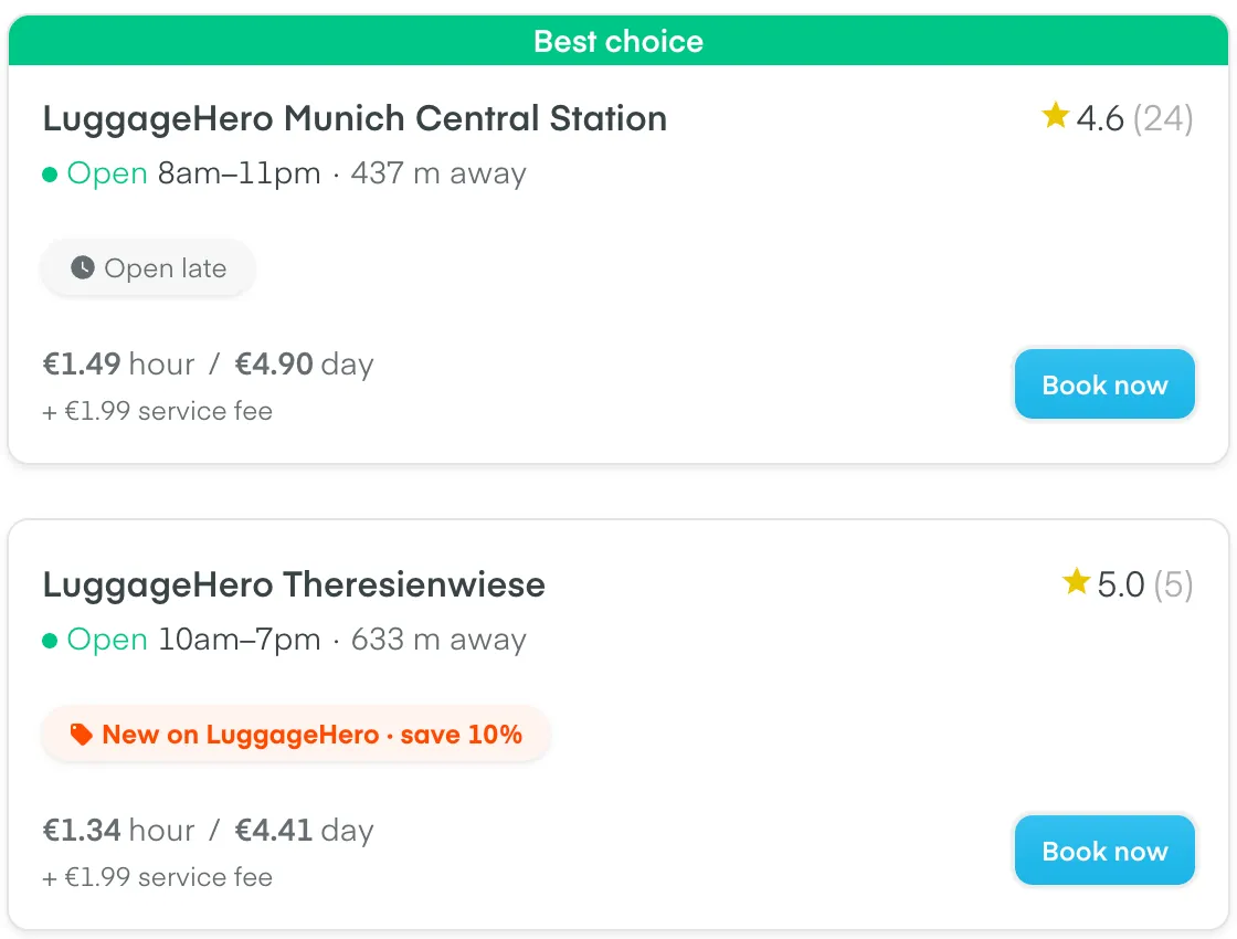 LuggageHero-Suche am Münchner Hauptbahnhof: Munich Central Station 437 m, 1,49 € pro Stunde oder 4,90 € pro Tag plus 1,99 € Servicegebühr