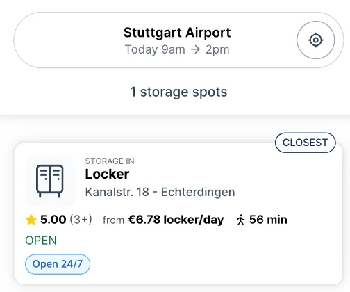 Stasher-Suche am Flughafen Stuttgart: einziger Treffer ein Automat in der Kanalstraße 18 in Echterdingen, 56 Minuten zu Fuß