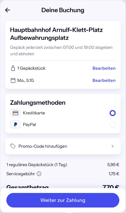 Bounce-Checkout am Stuttgarter Hauptbahnhof: 5,95 € für einen Koffer plus 1,75 € Servicegebühr, gesamt 7,70 €