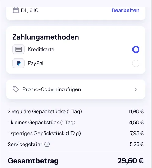 Bounce-Checkout für 4 Gepäckstücke: 2 Koffer 11,90 €, Handtasche 4,50 €, Sperrgepäck 7,95 €, Servicegebühr 5,25 €, gesamt 29,60 €
