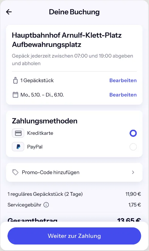 Bounce-Checkout von Montag bis Dienstag: 1 Koffer für 2 Tage 11,90 € plus 1,75 €, gesamt 13,65 €
