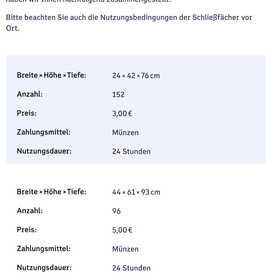Schließfächer im Stuttgarter Hauptbahnhof laut bahnhof.de: 152 Fächer für 3 €, 96 Fächer für 5 €, Münzen, 24 Stunden
