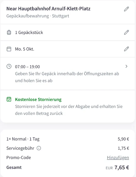Nannybag-Checkout für den Laden am Arnulf-Klett-Platz: 5,90 € plus 1,75 € Servicegebühr, gesamt 7,65 €