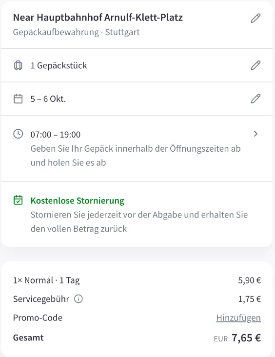 Nannybag-Checkout vom 5. bis 6. Oktober, 14 bis 14 Uhr: berechnet als 1 Tag, gesamt 7,65 €