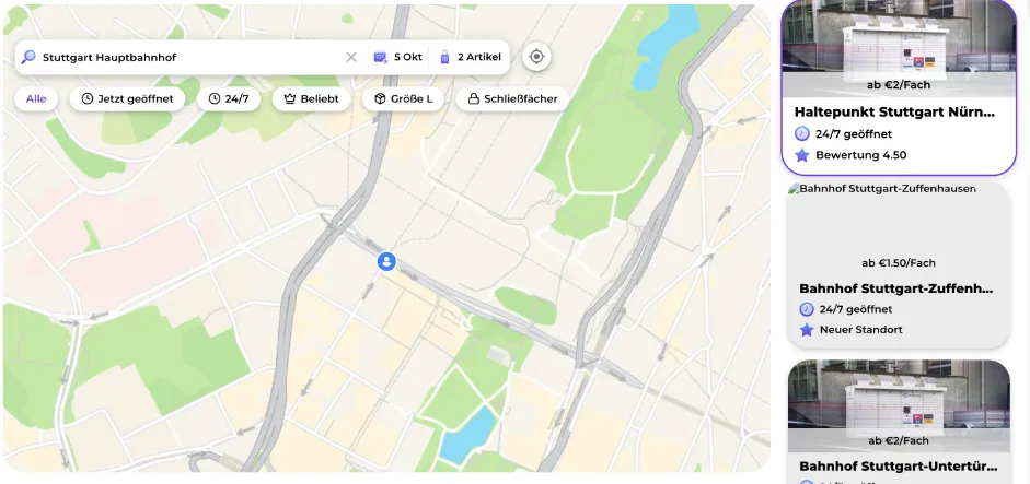 Qeepl-Karte am Stuttgarter Hauptbahnhof: kein Standort am Bahnhof, nur Automaten an Nürnberger Straße, Zuffenhausen und Untertürkheim