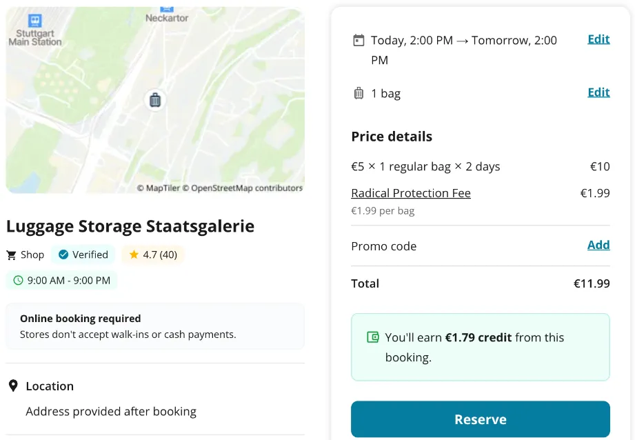 Radical-Storage-Checkout: 14 Uhr bis 14 Uhr am Folgetag als 2 Tage berechnet, 10 € plus 1,99 €, gesamt 11,99 €